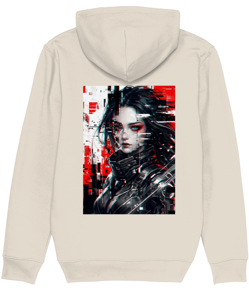 A womens light beige hooded sweatshirt shown from the back, featuring a large rectangular graphic print of a cyberpunk-style female character with glitch effects in red, black, and white.