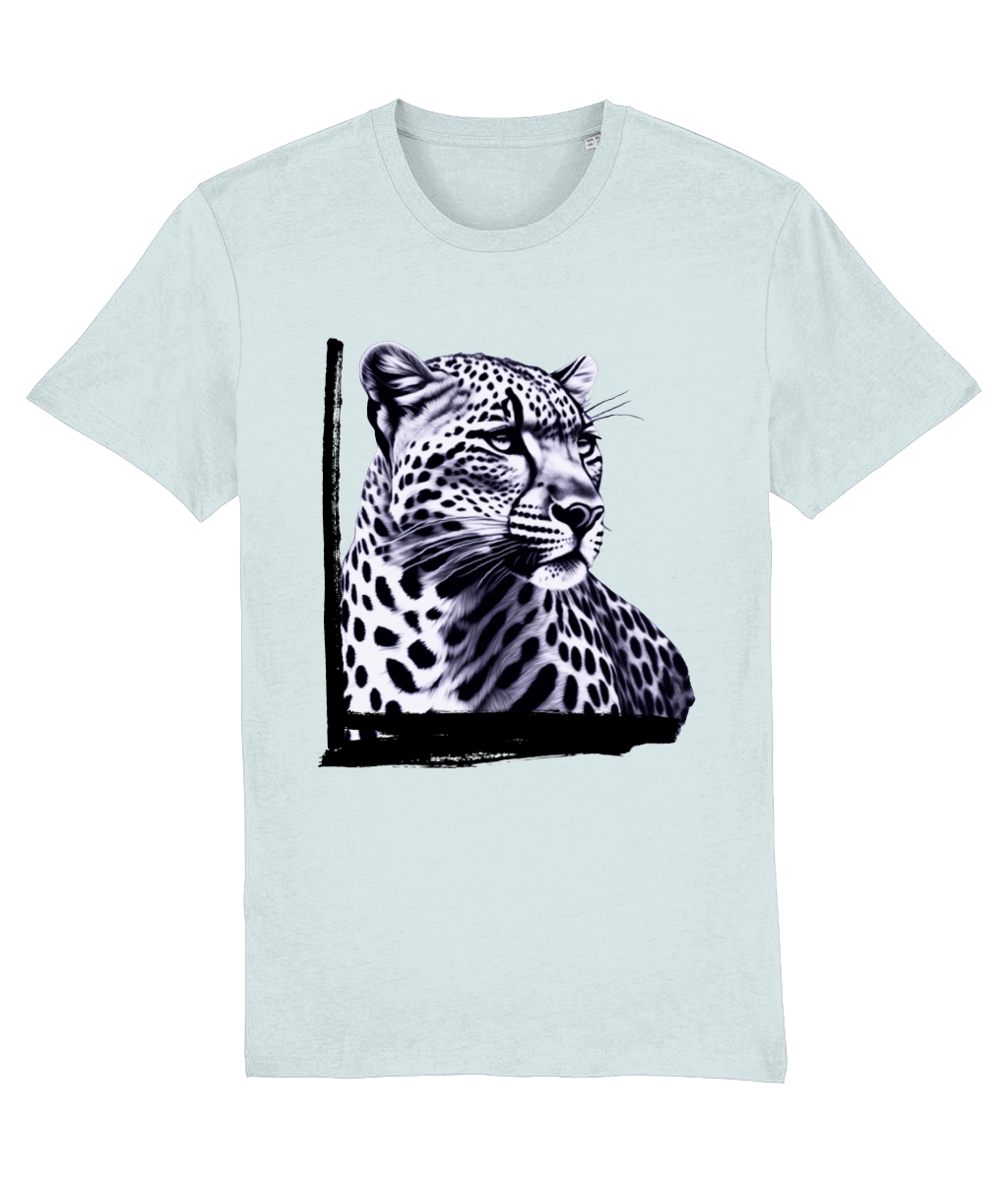 Women's Light blue t-shirt with a graphic of a leopard's head on a white background