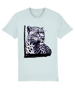 Women's Light blue t-shirt with a graphic of a leopard's head on a white background