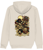 A light beige hooded sweatshirt shown from the back, featuring a large, detailed graphic print of various Japanese-style demons and skulls amidst swirling golden clouds.