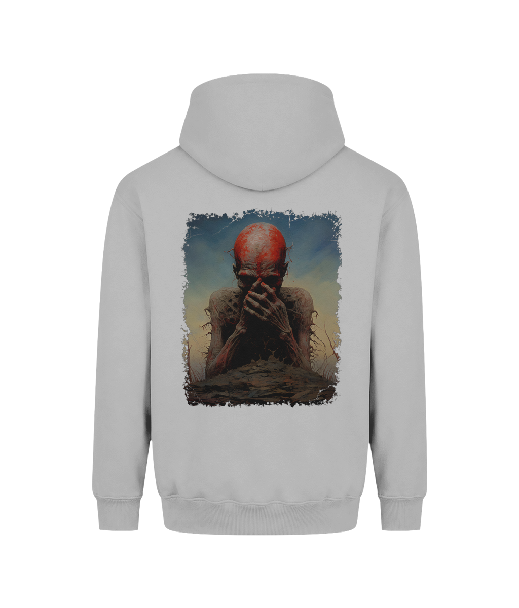 A light gray pullover hoodie shown from the back, featuring a large rectangular graphic print of a creepy, bald, flesh-toned creature with a red head covering its face, set against a plain white background.
