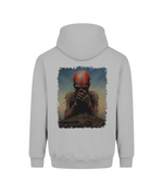 A light gray pullover hoodie shown from the back, featuring a large rectangular graphic print of a creepy, bald, flesh-toned creature with a red head covering its face, set against a plain white background.