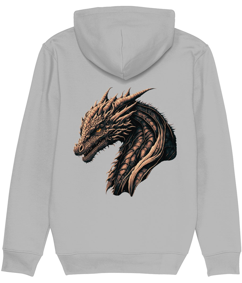 Men's Gray hoodie with a dragon design on the back against a white background