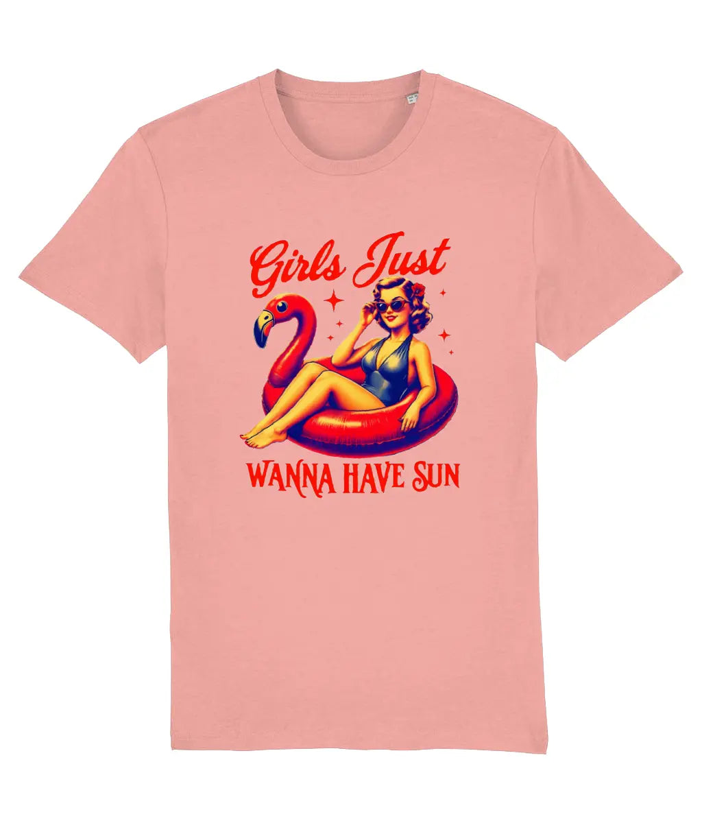 Women's Pink t-shirt with a graphic of a woman on an inflatable flamingo and text 'Girls Just Wanna Have Sun' on a white background.