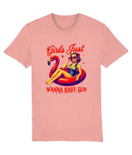 Women's Pink t-shirt with a graphic of a woman on an inflatable flamingo and text 'Girls Just Wanna Have Sun' on a white background.