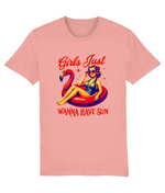 Women's Pink t-shirt with a graphic of a woman on an inflatable flamingo and text 'Girls Just Wanna Have Sun' on a white background.