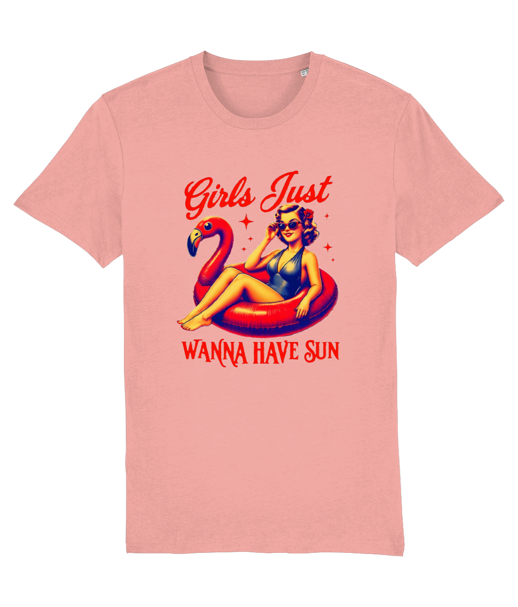 Women's Pink t-shirt with a graphic of a woman on an inflatable flamingo and text 'Girls Just Wanna Have Sun' on a white background.