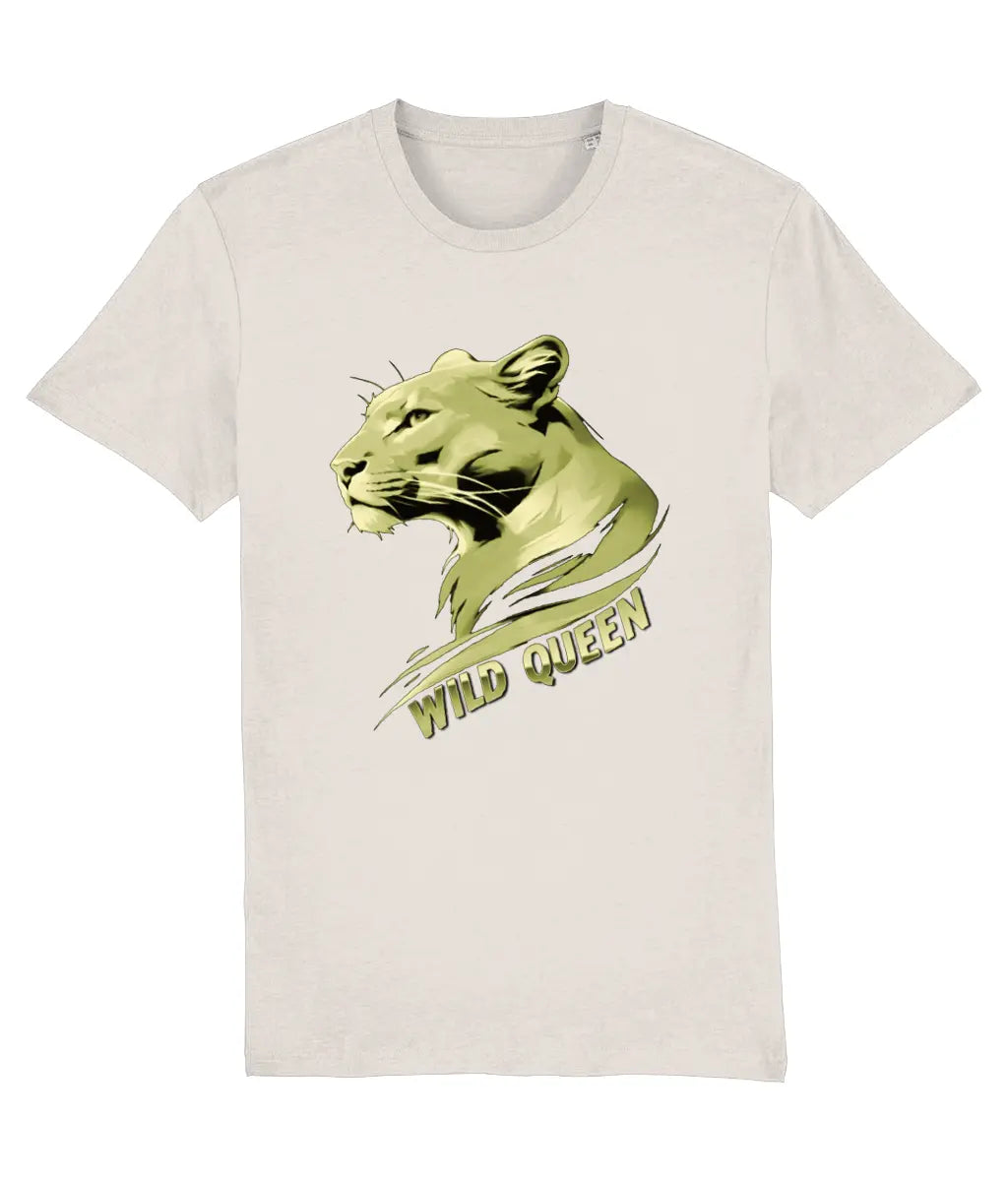 White t-shirt with a gold panther graphic and 'Wild Queen' text on a white background