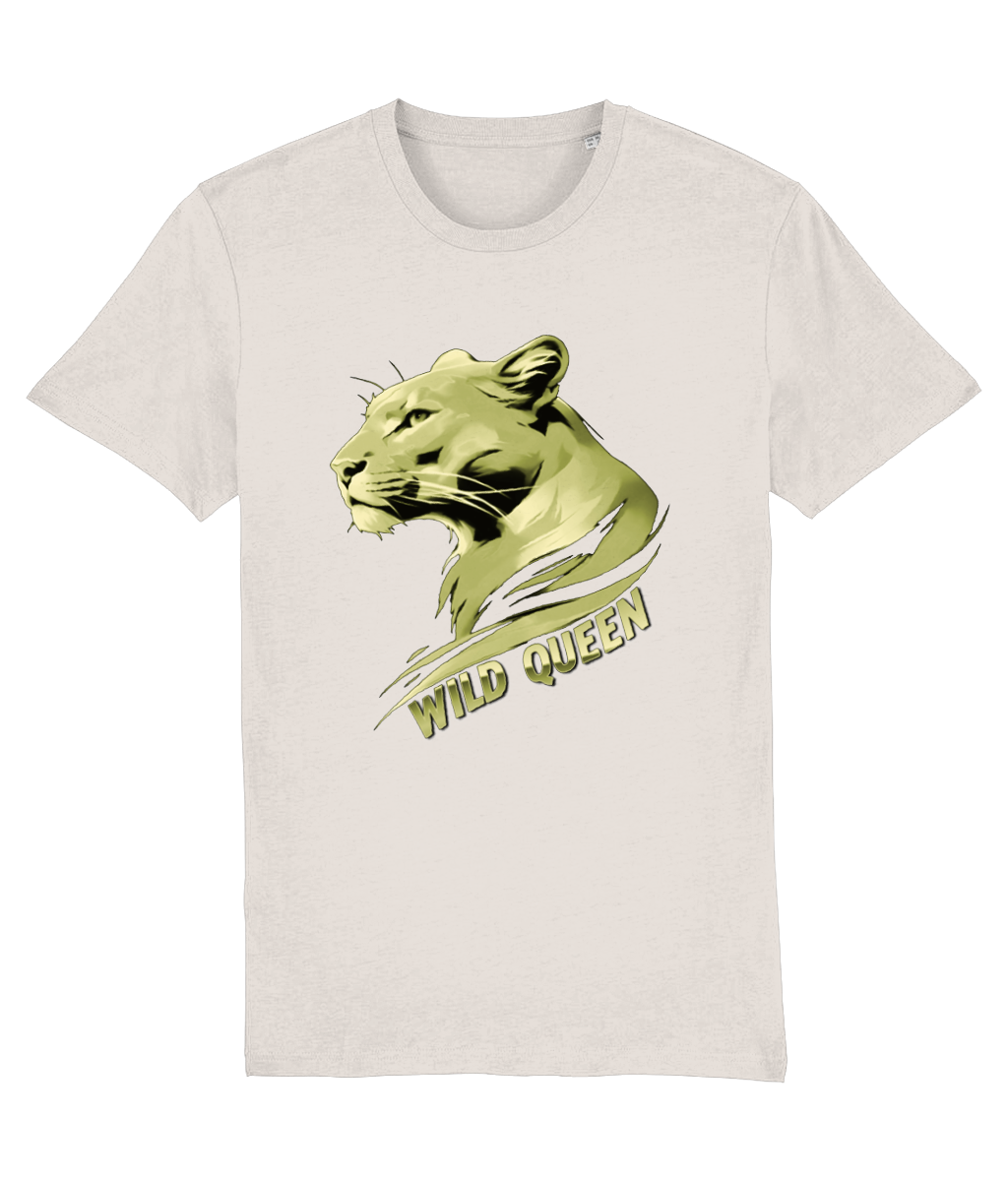 White t-shirt with a gold panther graphic and 'Wild Queen' text on a white background