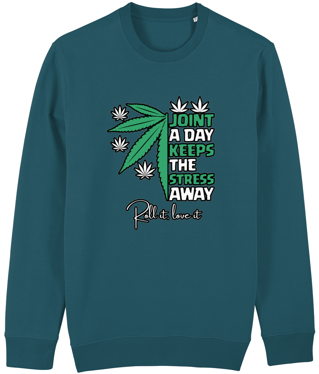 Men's Teal sweatshirt with marijuana leaf design and text on a white background