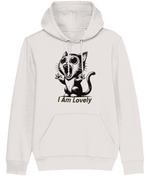 Womens White Stanley/Stella hoodie with a graphic of a cat and 'I Am Lovely' text on a white background