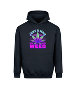 A black pullover hoodie with a colorful graphic on the chest featuring a cannabis leaf and the text 'JUST A MAN WHO LOVES WEED' in purple, pink, and green.