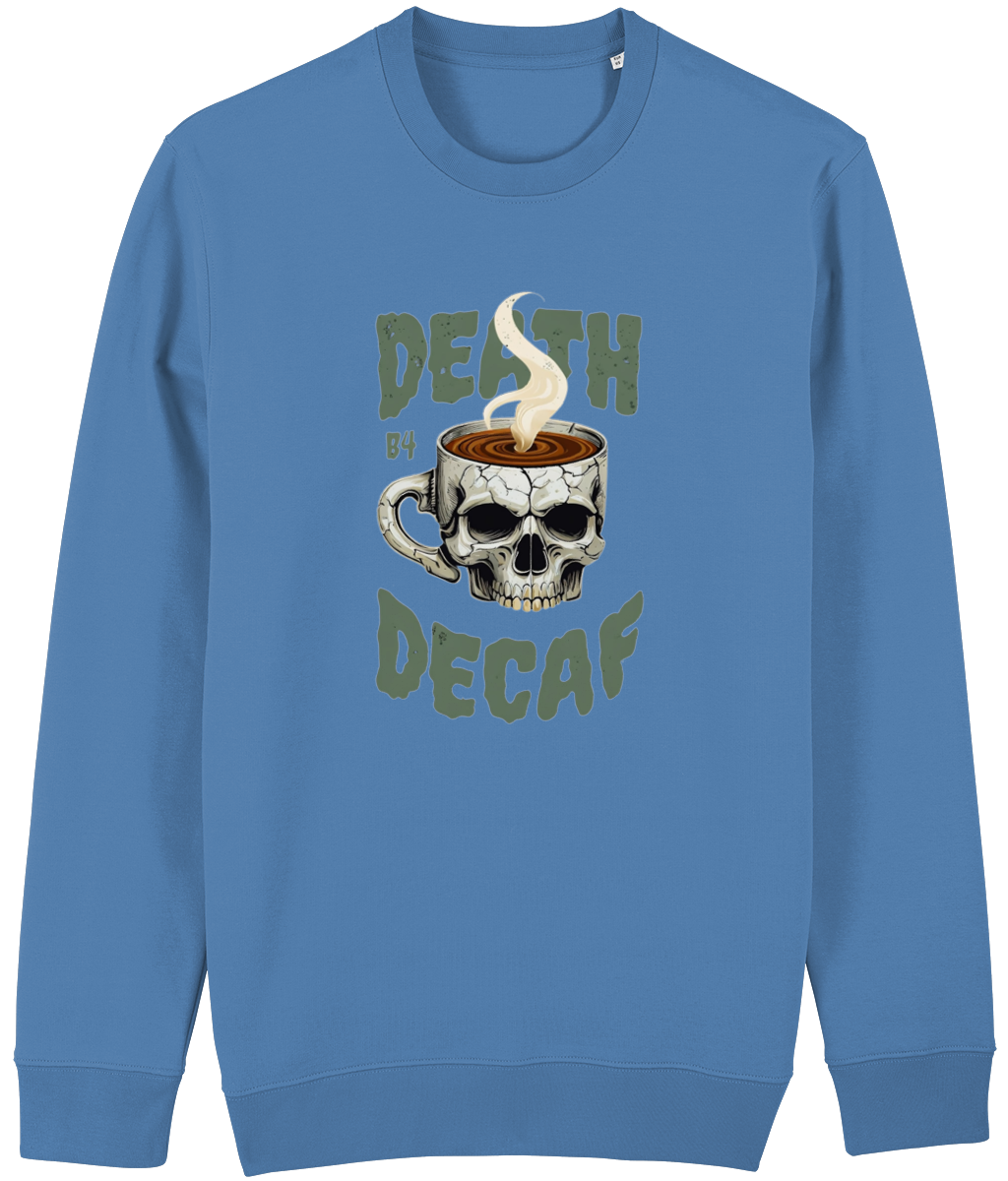 ;Men's Blue sweatshirt with a skull and coffee cup graphic and text 'Death by Decaf' on a white background
