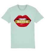 Light blue t-shirt with red lips graphic and 'Bitch' text on a white background
