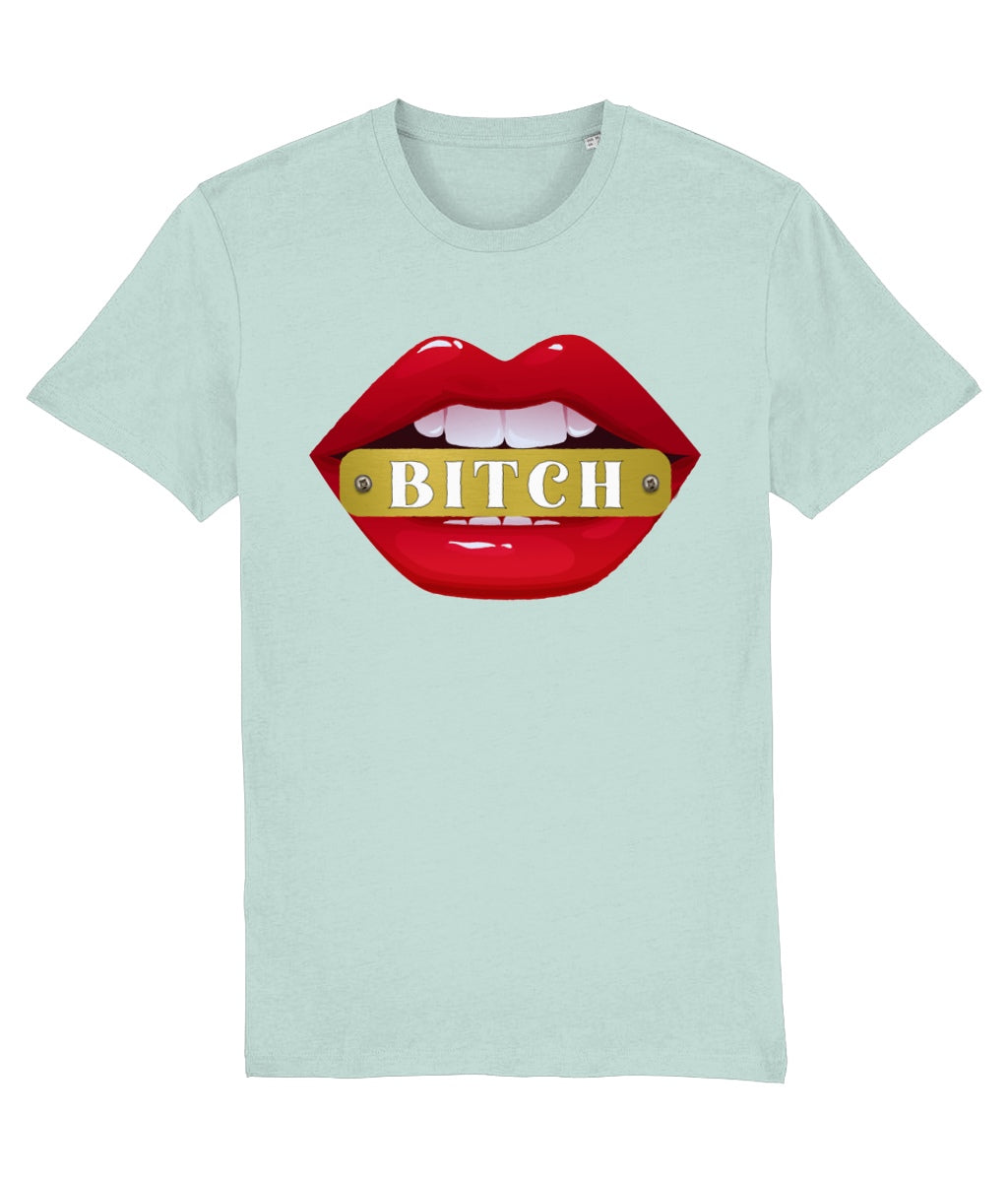 Light blue t-shirt with red lips graphic and 'Bitch' text on a white background