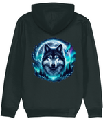 Women's Stanley/Stella Black hoodie with a wolf graphic on the back against a white background