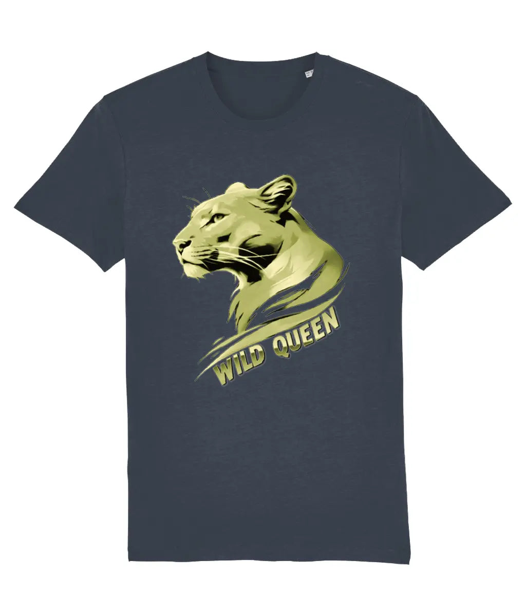 Women's Stanley/Stella Navy blue t-shirt with a gold lion graphic and 'Wild Queen' text on a white background