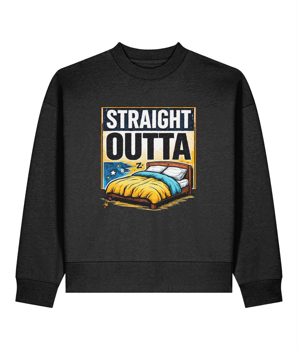 A dark gray crewneck womens sweatshirt featuring a graphic print on the front with the text 'STRAIGHT OUTTA' above an illustration of a bed with a yellow blanket and blue bedding.