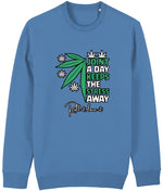 Stanley/Stella Blue sweatshirt with marijuana leaf design and text on a white background