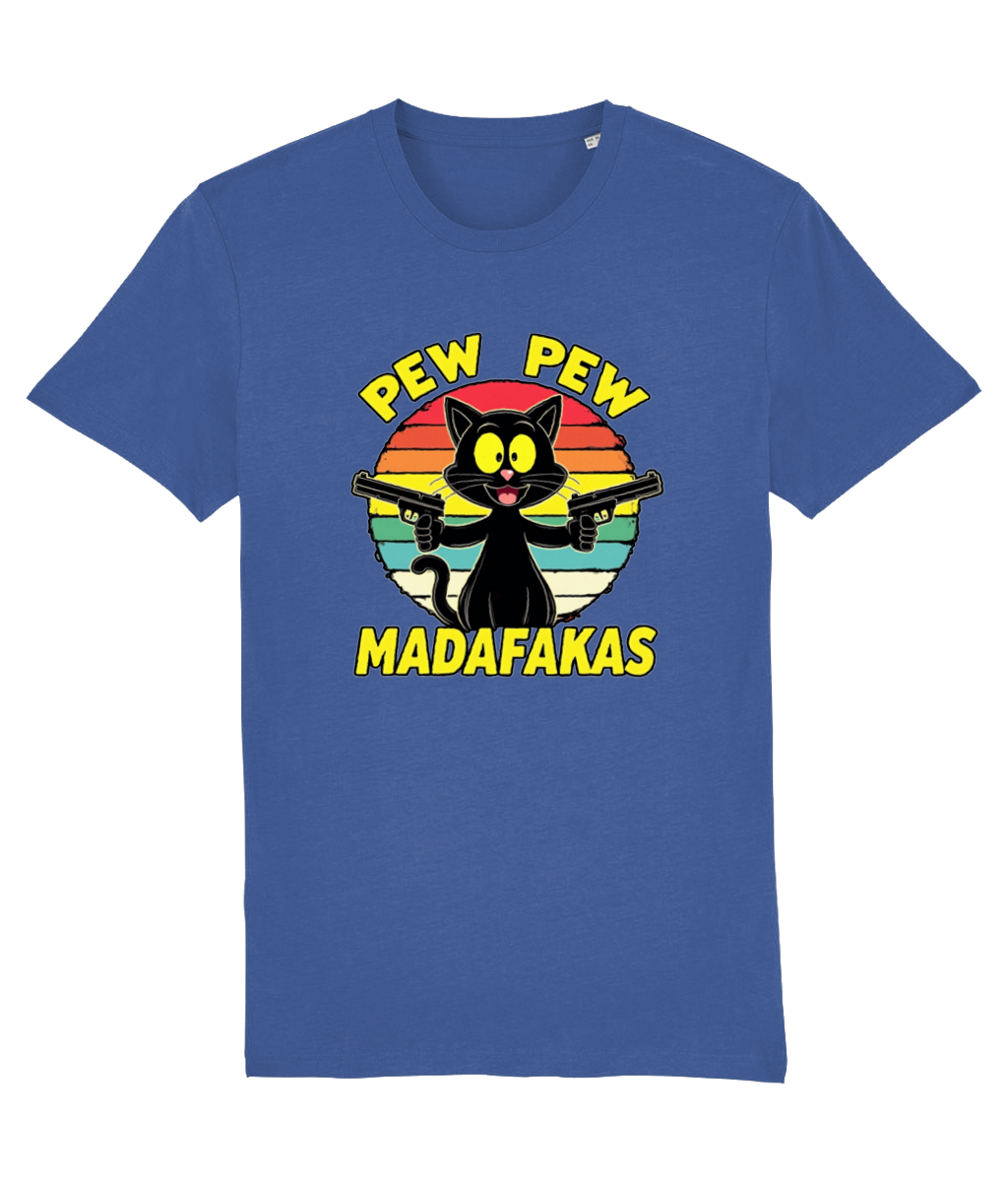 Blue t-shirt with a graphic of a cat holding guns and text 'Pew Pew Madafakas' on a white background