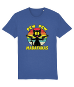 Blue t-shirt with a graphic of a cat holding guns and text 'Pew Pew Madafakas' on a white background