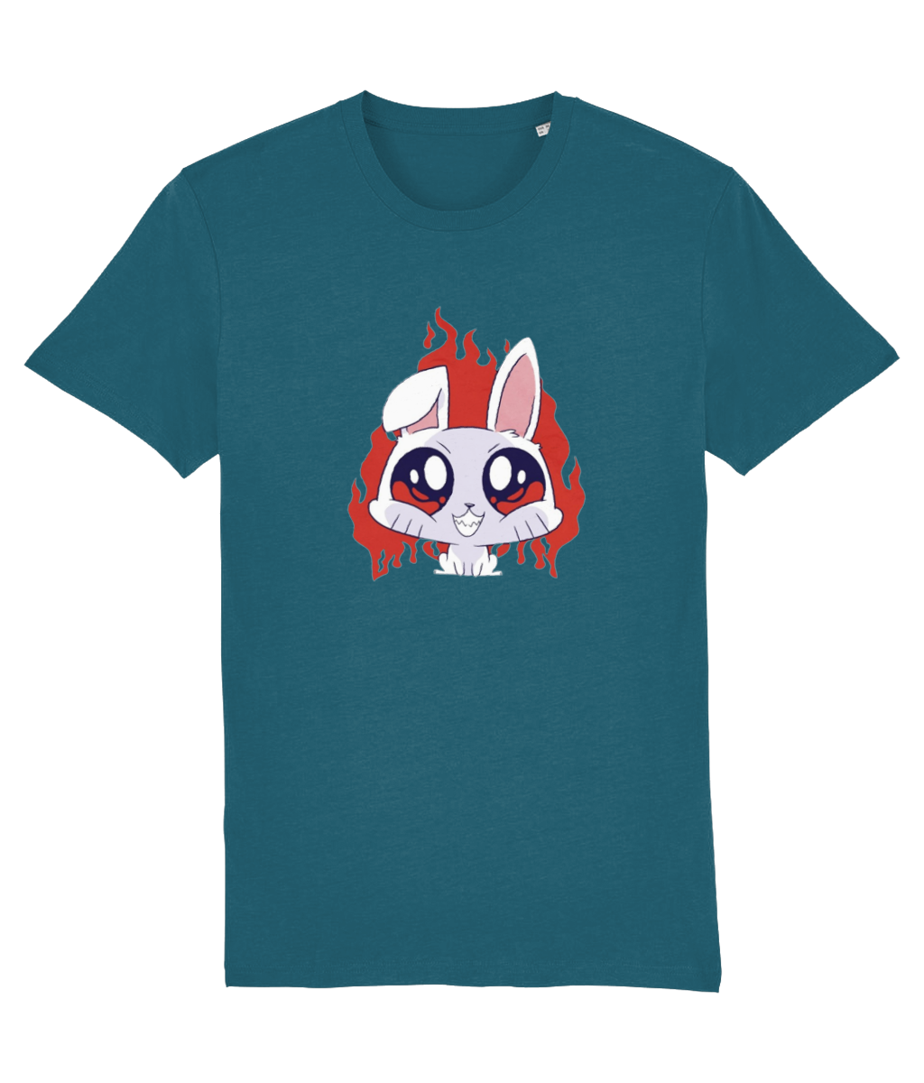 Stanley/Stella Teal t-shirt with a cartoon character design on a white background