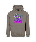 A taupe brown pullover hoodie with a colorful graphic on the chest featuring a cannabis leaf and the text 'JUST A MAN WHO LOVES WEED' in purple and green.