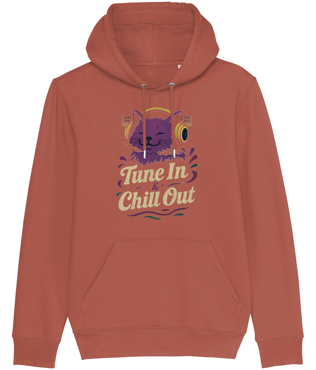 Women's Red hoodie with a cat graphic and 'Tune In & Chill Out' text on a white background