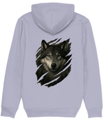 Women's Light gray hoodie with a wolf design on the back against a white background