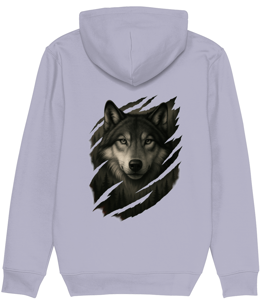 Women's Light gray hoodie with a wolf design on the back against a white background