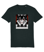 A dark charcoal gray short-sleeve t-shirt with a square graphic print of a creepy anime-style character with red eyes and a wide grin, displayed on a solid white background.