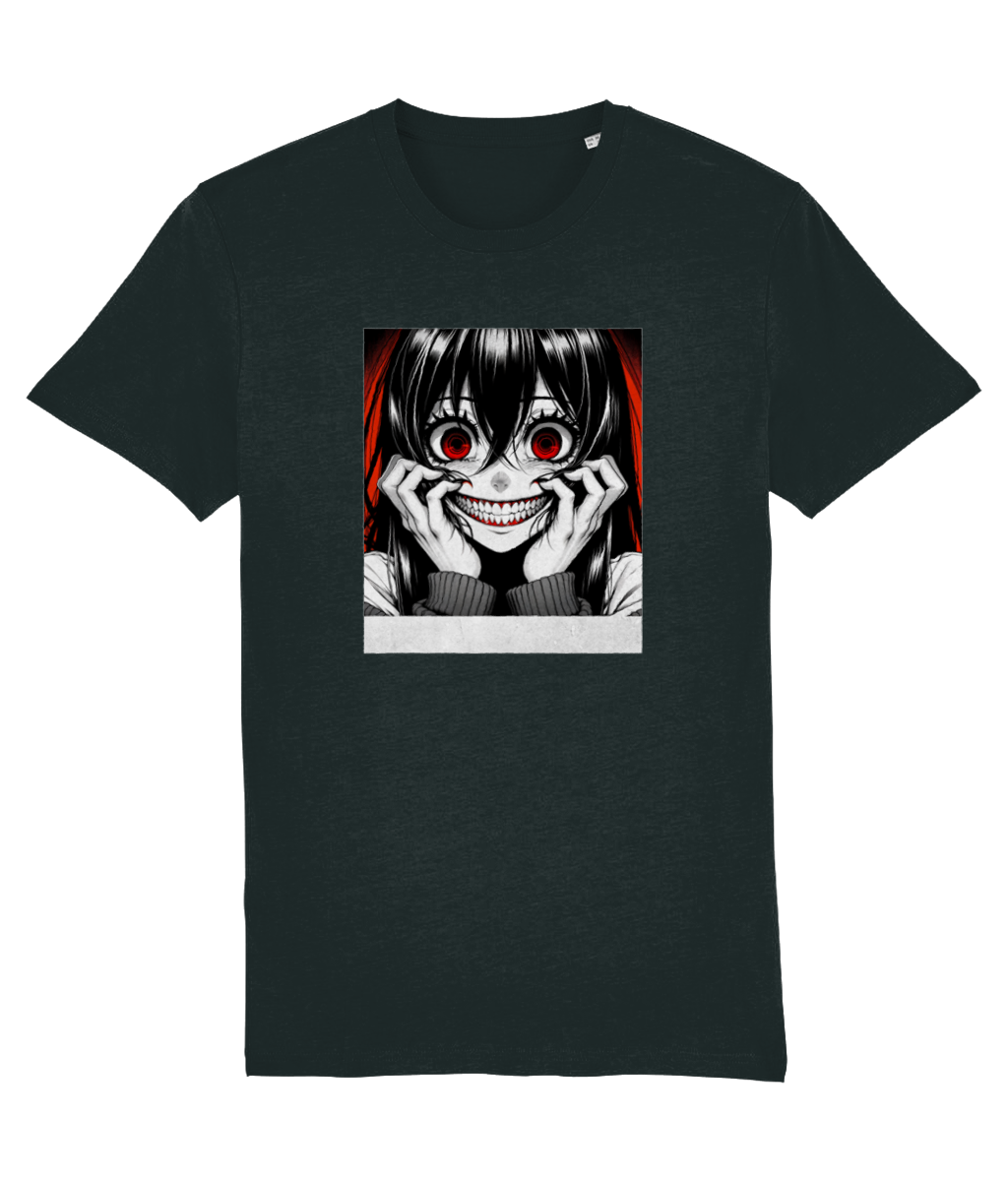 A dark charcoal gray short-sleeve t-shirt with a square graphic print of a creepy anime-style character with red eyes and a wide grin, displayed on a solid white background.