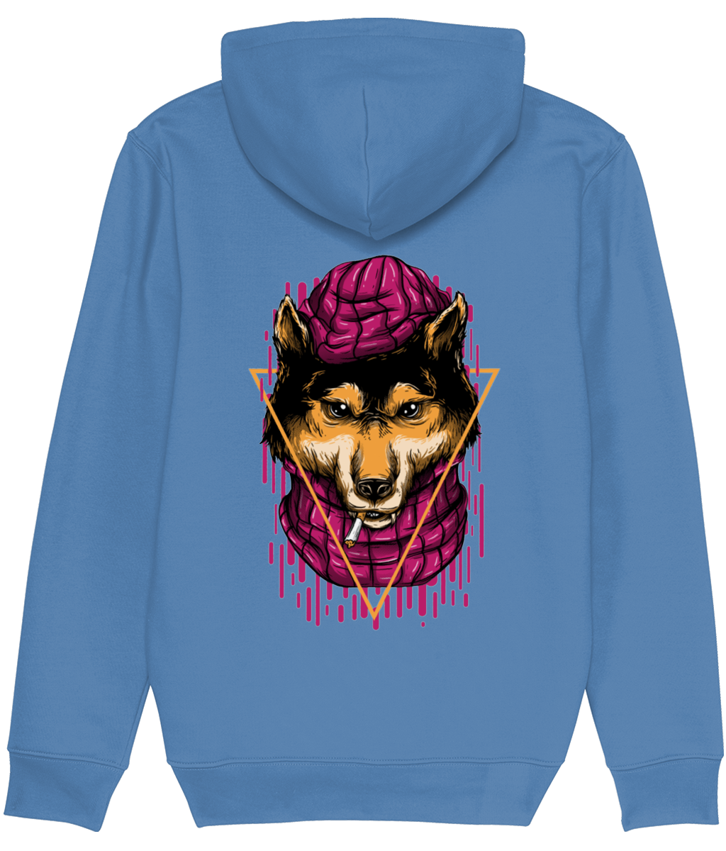 Men's Blue hoodie with a graphic of a dog wearing a pink sweater on the back