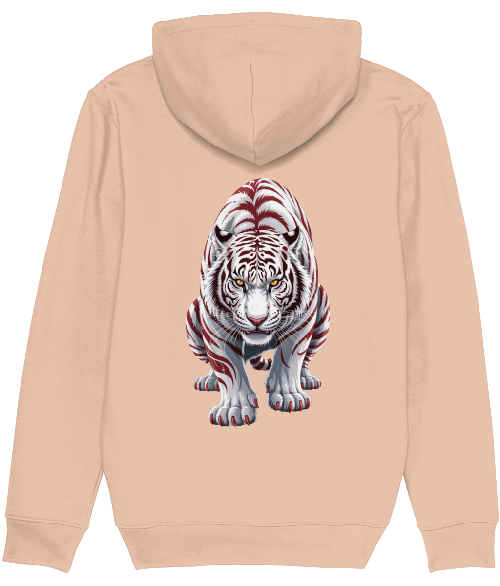 Women's Beige hoodie with a white tiger design on the back against a white background