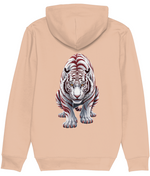 Women's Beige hoodie with a white tiger design on the back against a white background