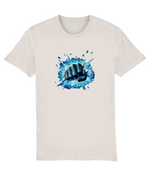 Mens Beige t-shirt with a blue and black graphic design on a white background