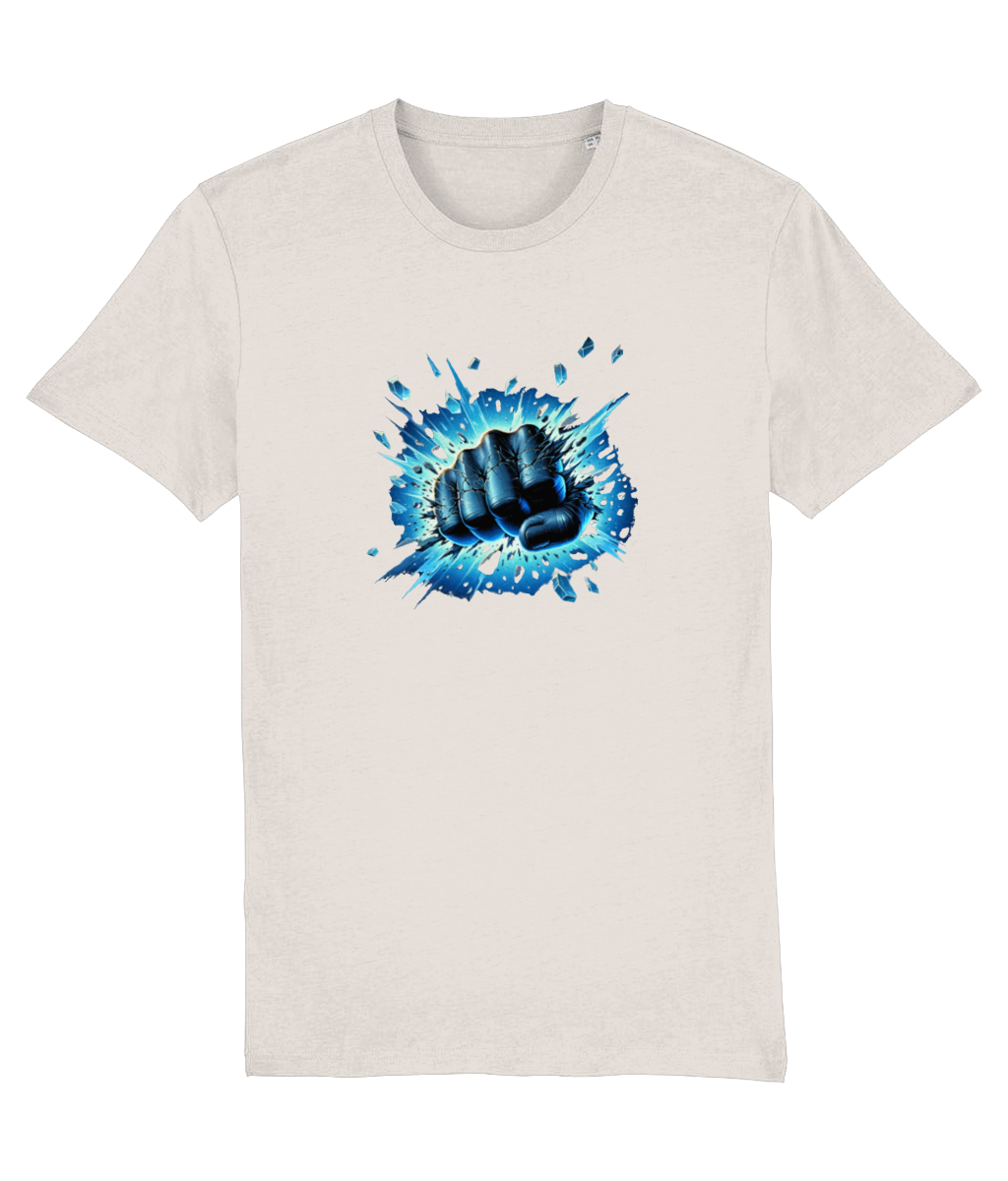 Mens Beige t-shirt with a blue and black graphic design on a white background