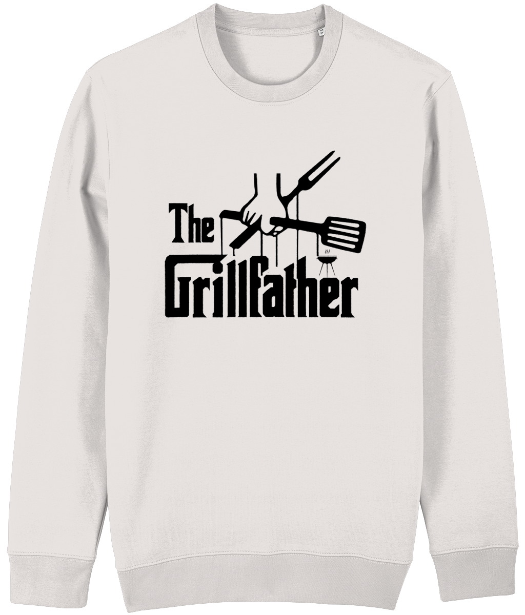 Men's White sweatshirt with 'The Grillfather' graphic design on a white background