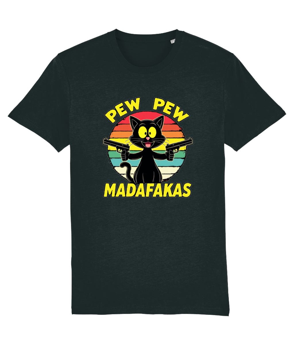 Black t-shirt with a graphic of a cat holding guns and text 'Pew Pew Madafakas' on a white background