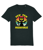 Black t-shirt with a graphic of a cat holding guns and text 'Pew Pew Madafakas' on a white background
