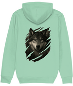 Women's Light green hoodie with a wolf design on the back against a white background