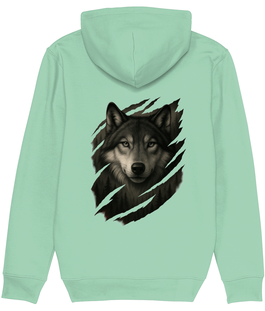 Women's Light green hoodie with a wolf design on the back against a white background