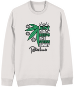 Men's White sweatshirt with cannabis leaf design and text on a white background