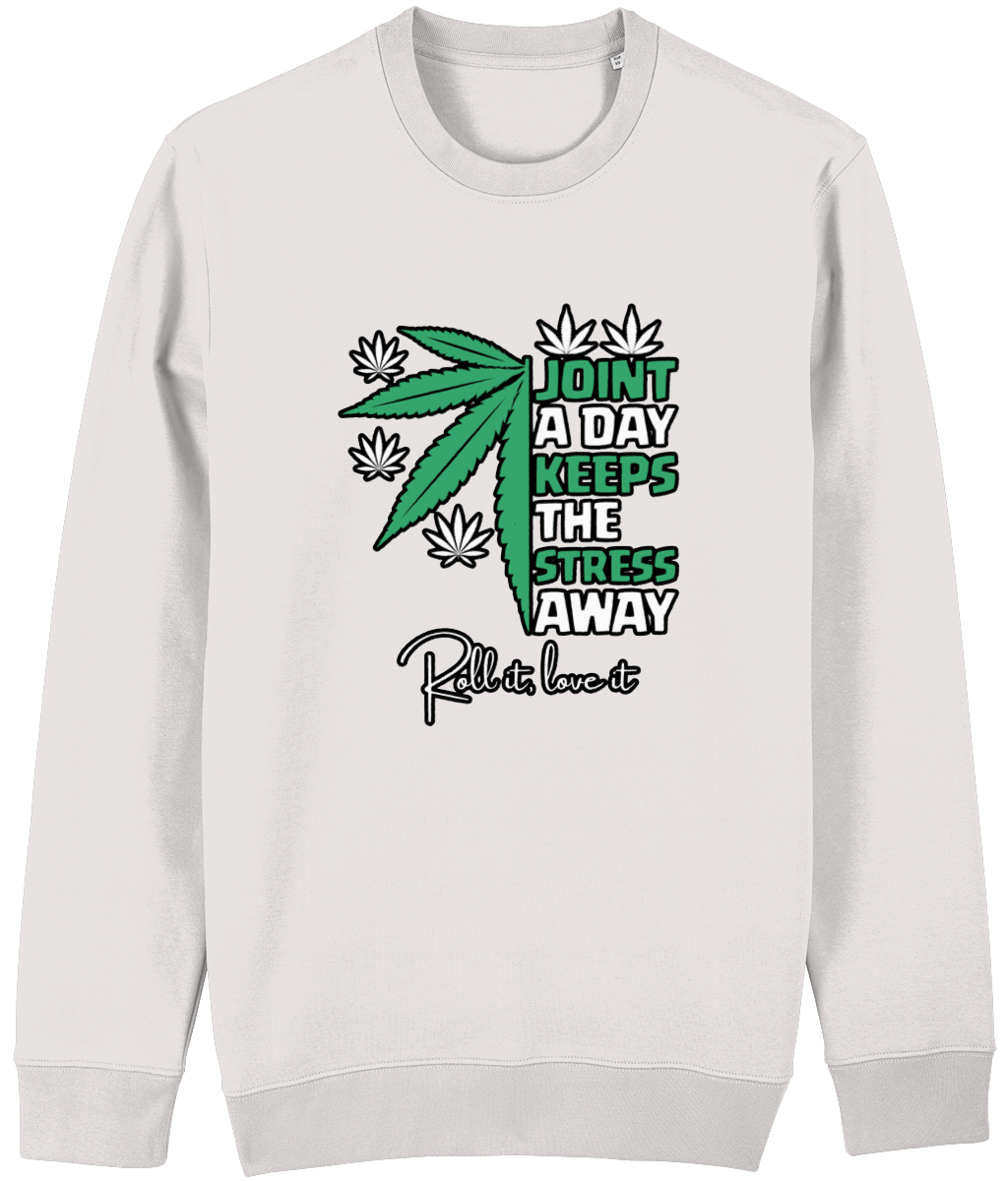 Men's White sweatshirt with cannabis leaf design and text on a white background