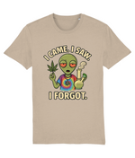 Beige t-shirt with an alien graphic holding a cannabis leaf and smoking a pipe, featuring text 'I came. I saw. I forgot.'