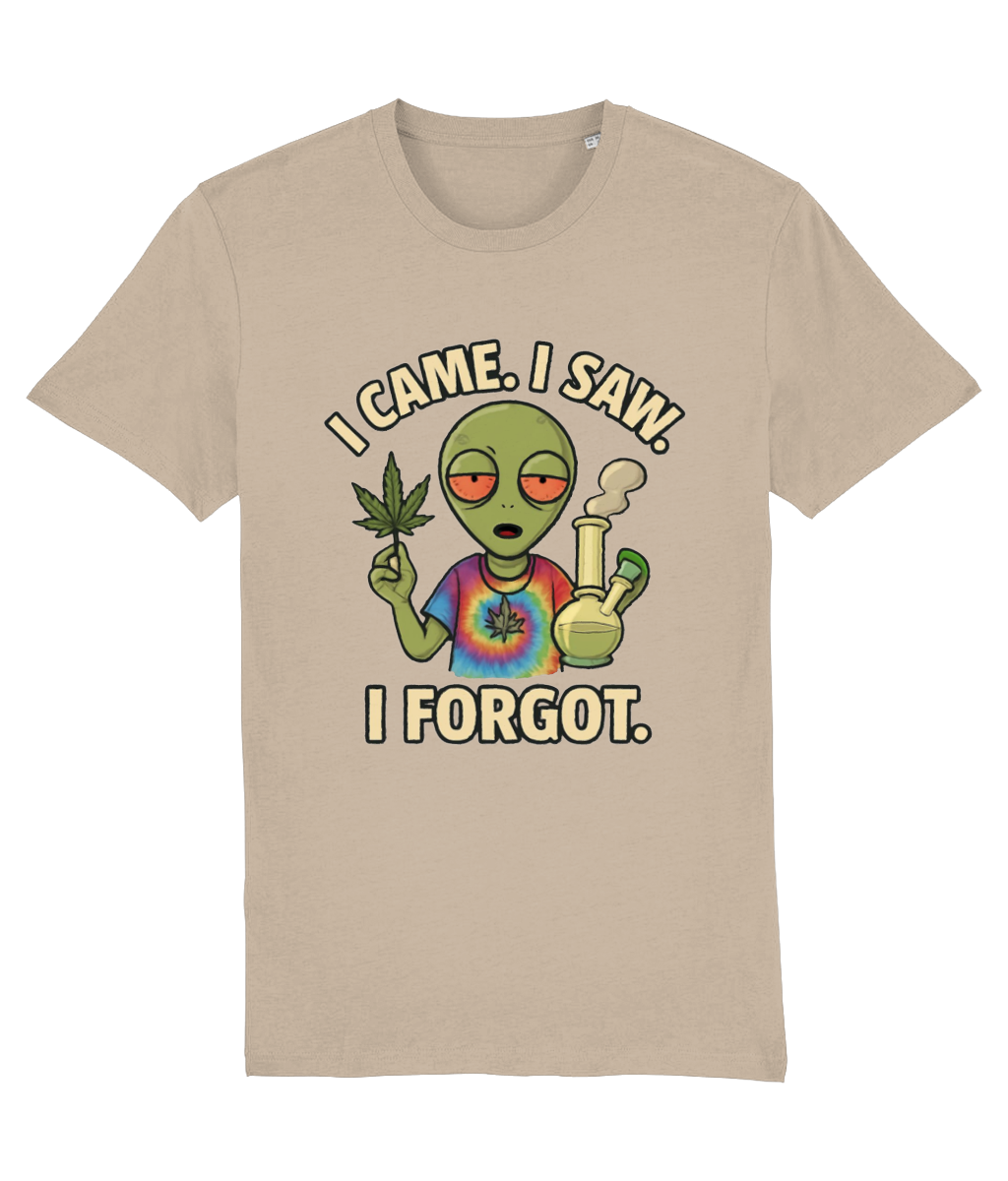 Beige t-shirt with an alien graphic holding a cannabis leaf and smoking a pipe, featuring text 'I came. I saw. I forgot.'