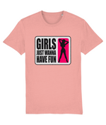 Women's Pink t-shirt with graphic design and text on a white background