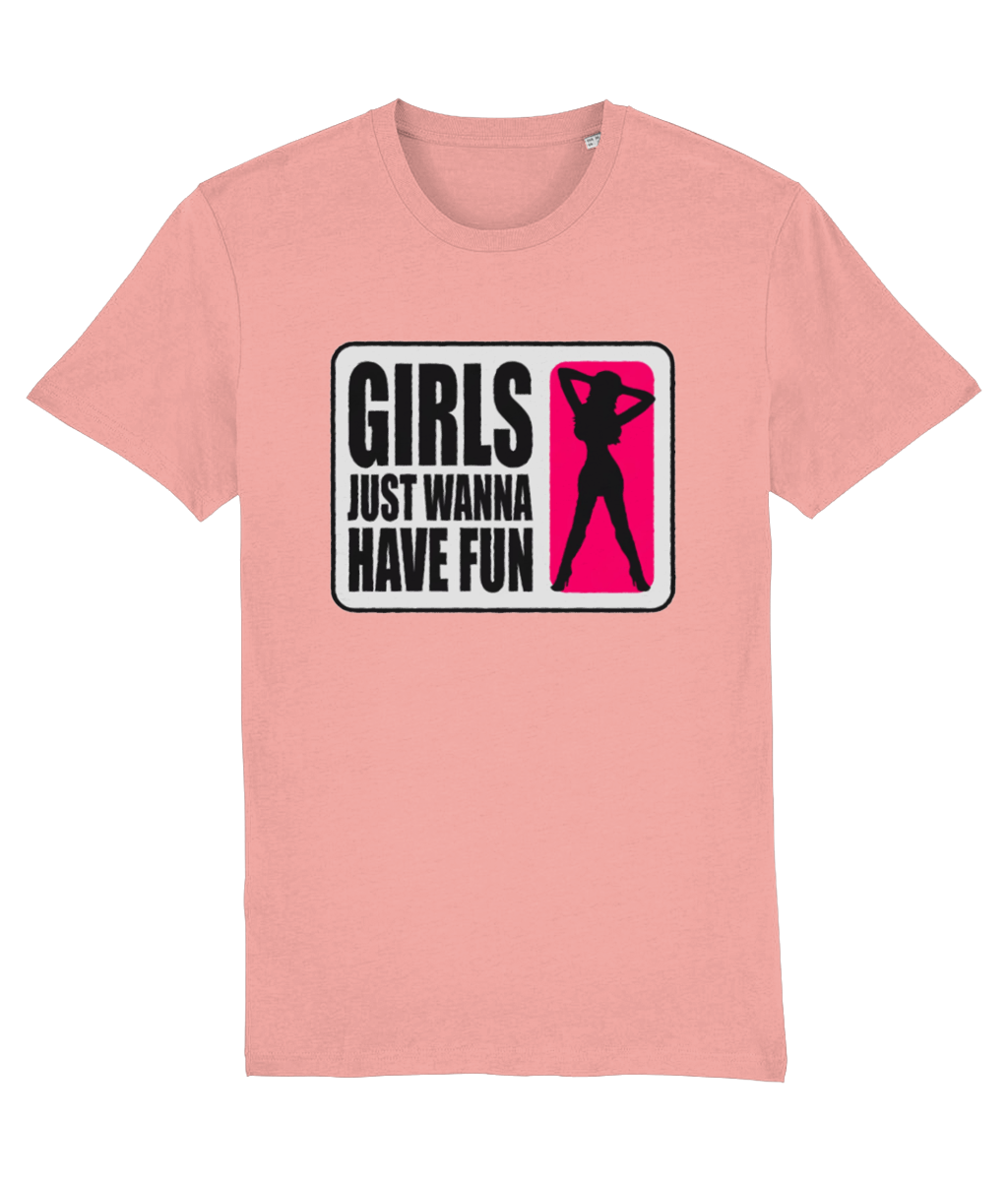 Women's Pink t-shirt with graphic design and text on a white background