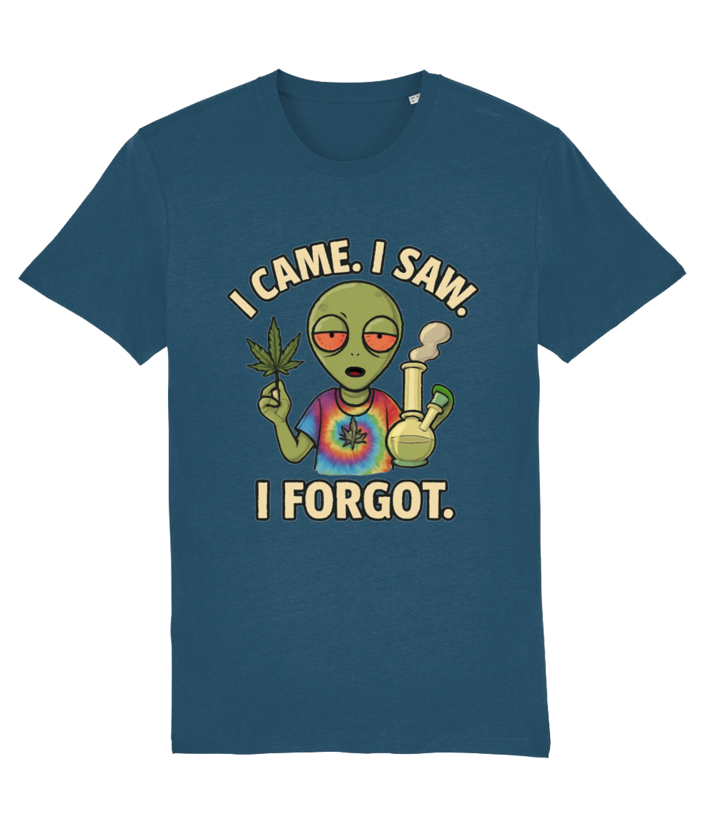 Blue t-shirt with an alien graphic and text 'I Came. I Saw. I Forgot.' on a white background