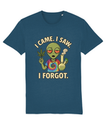 Blue t-shirt with an alien graphic and text 'I Came. I Saw. I Forgot.' on a white background